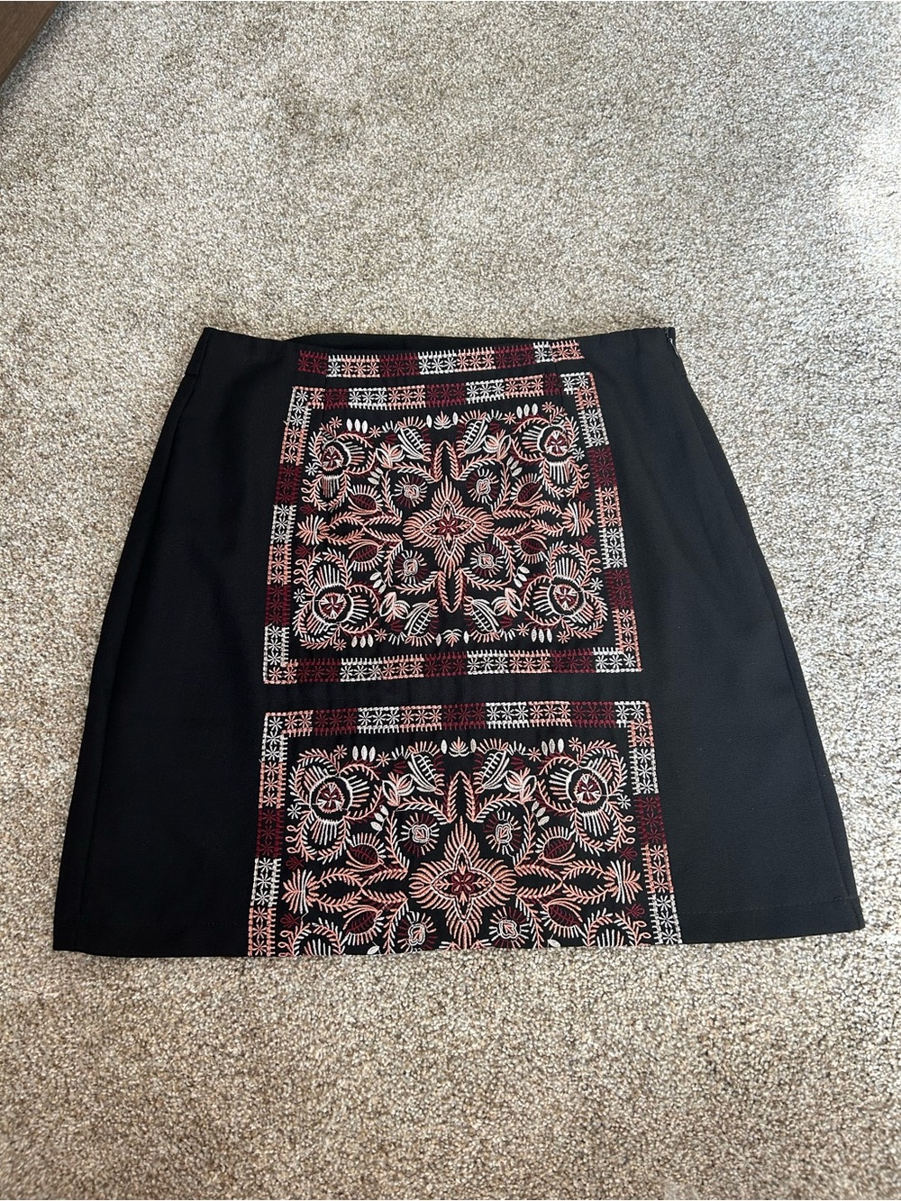 Alya Embroidered Black Mini Skirt Pink Cream Burgandy detail